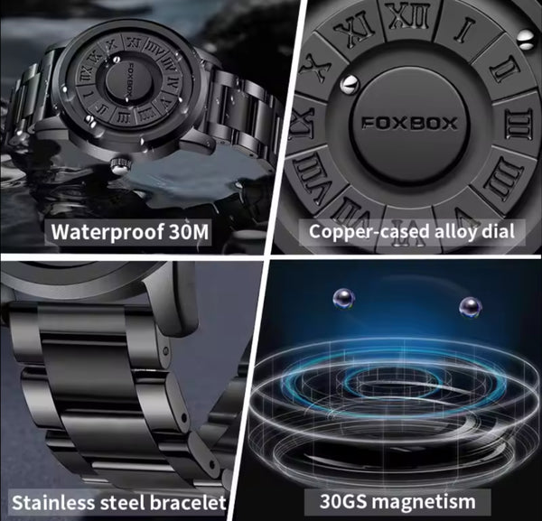 Trend Concept Magnetic Ball Watch Floating Pointer Mirror-less Dial Quartz Analog Watch for Boys/Men Roman Numeral Dial Waterproof Watch Leather Strap